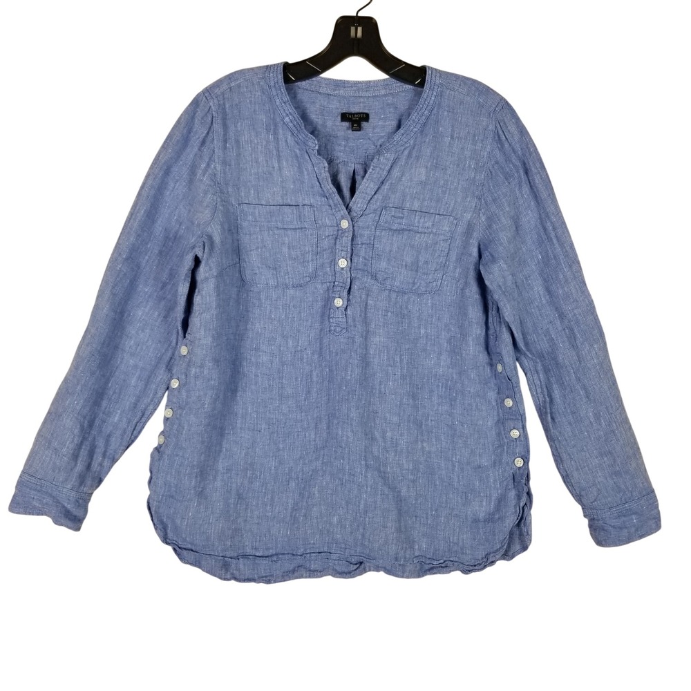 Talbots Linen Henley Tunic Women MP Blue Side Button Roll Tab Sleeve